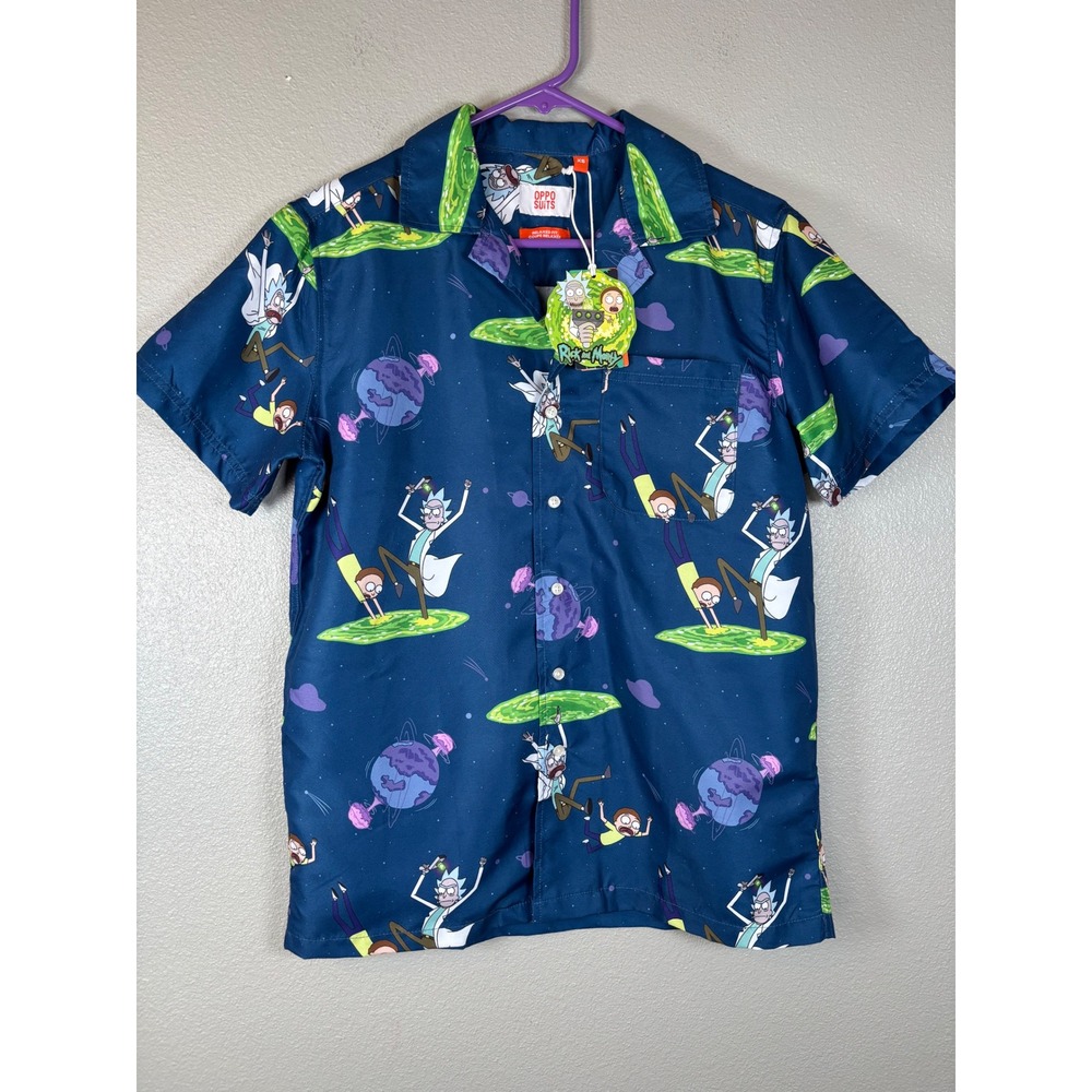 OppoSuits Rick and‎ Morty Mens XS Short Sleeve Button Up Shirt Blue Portal New